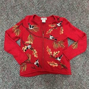 Vintage Timberlea Red Embroidered Bird Foliage Full Zip Sweater Size Small